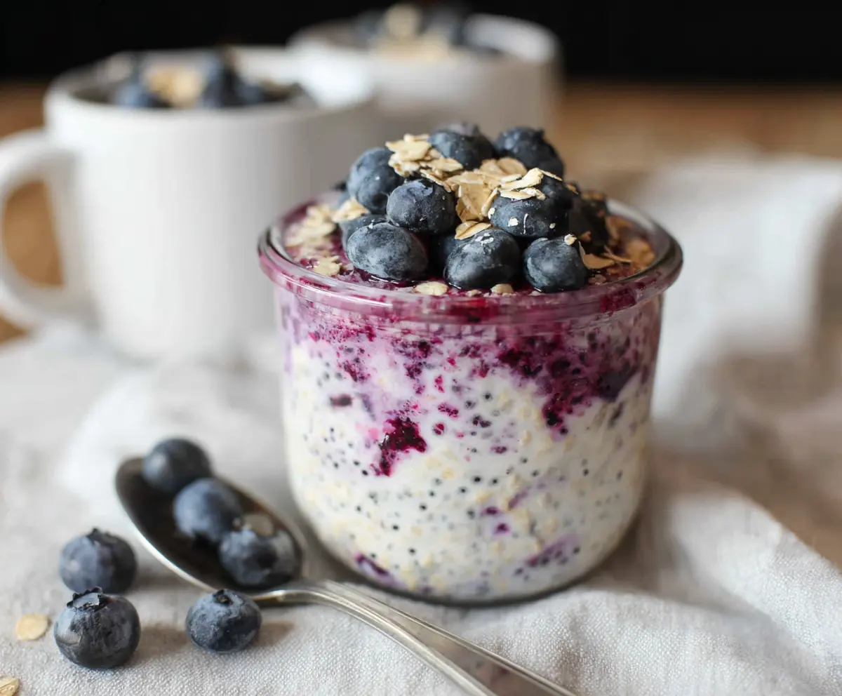 Creamy blueberry cheesecake overnight oats topped with fresh blueberries and a sprinkle of graham cracker crumbs.