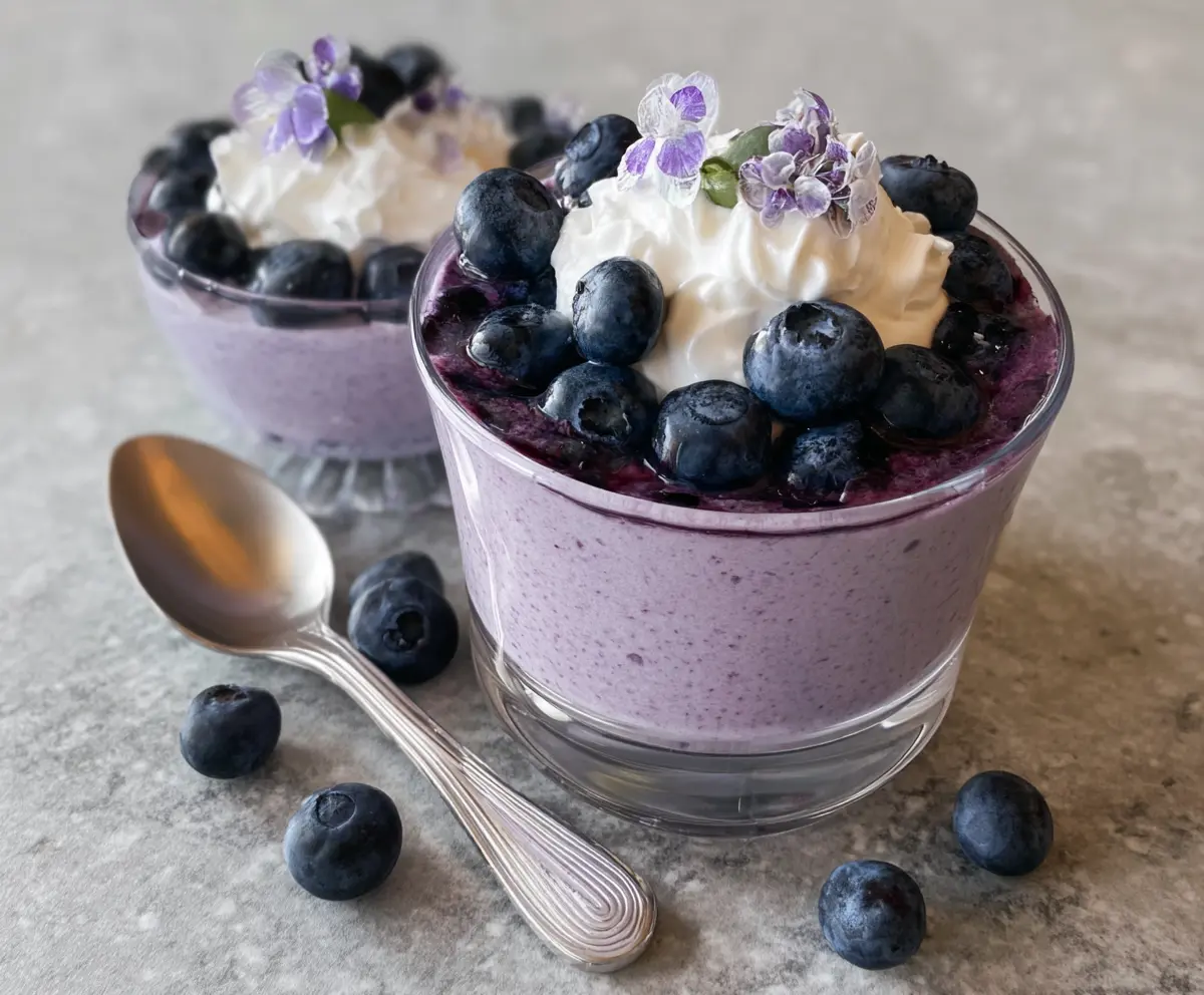 Delicious blueberry cottage cheese mousse in a glass bowl, garnished with fresh blueberries and mint.
