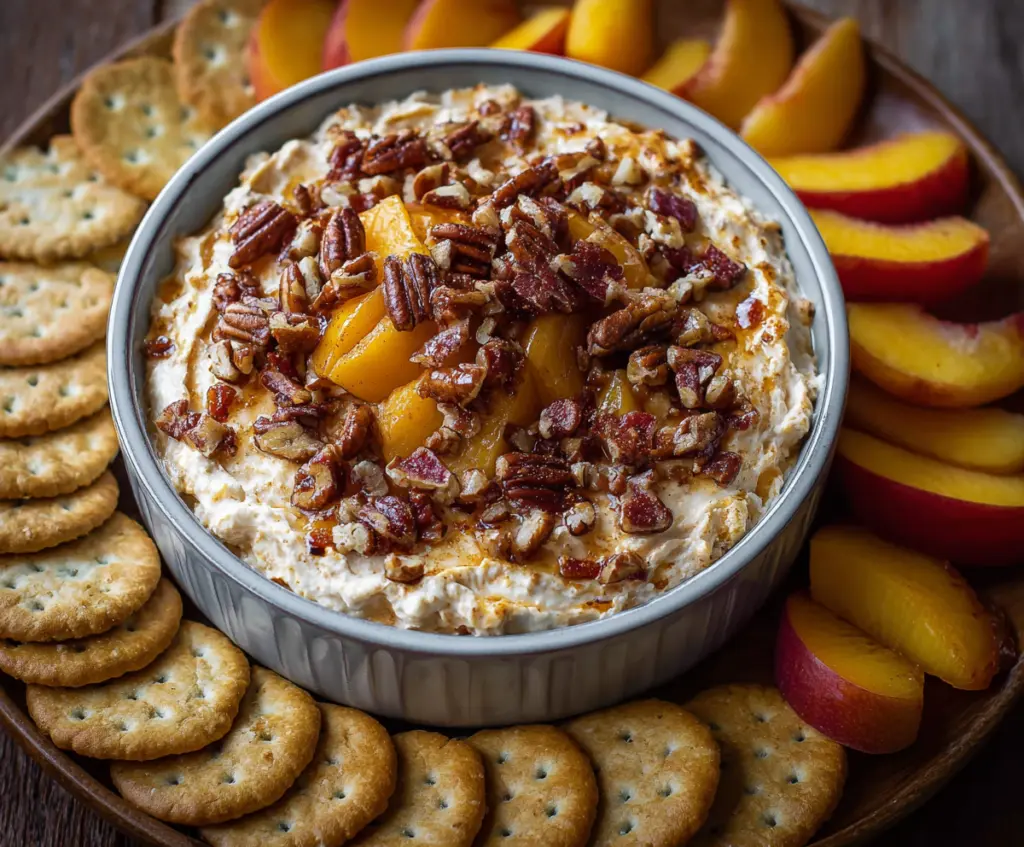 Delicious Bourbon Peach Pecan Dip served with fresh fruit and crackers for a sweet and savory appetizer.