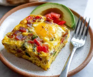 Delicious Breakfast Egg Bake with fresh vegetables and melted cheese served on a plate