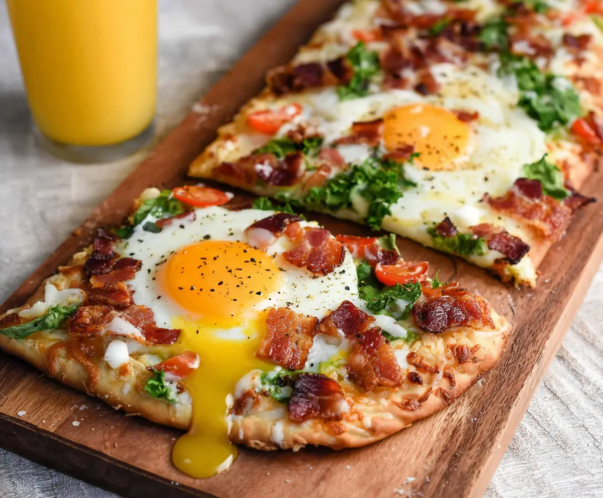 Delicious breakfast flatbread topped with fresh vegetables and cheese, perfect for a morning meal.