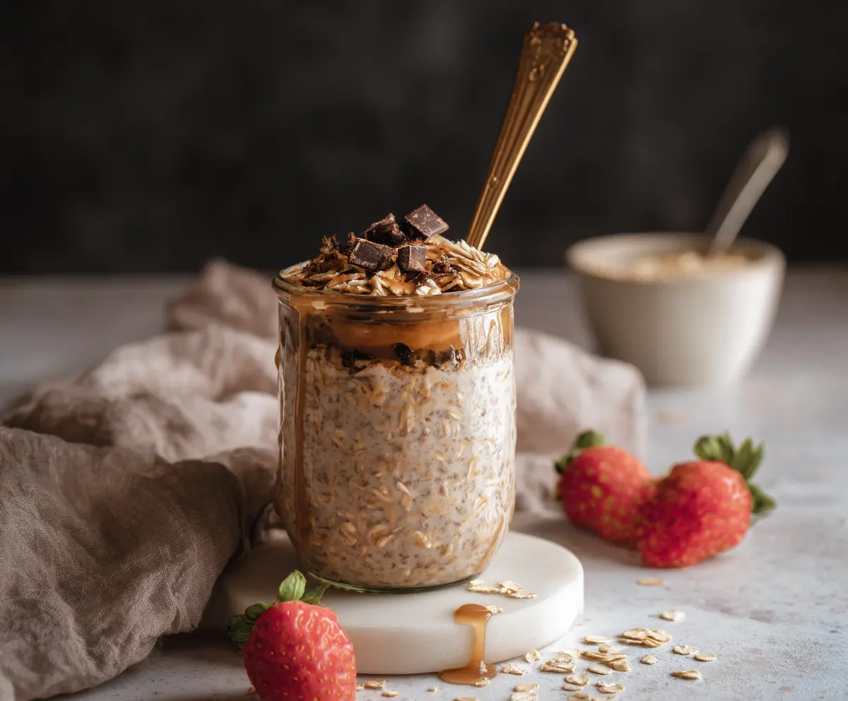 Creamy Brown Sugar Espresso Overnight Oats in a glass jar topped with chocolate shavings