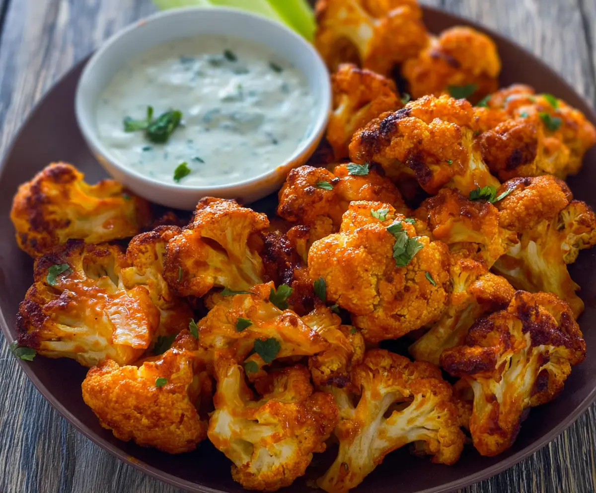 Crispy buffalo cauliflower wings served with dipping sauce on a white plate, perfect for vegans and vegetarians.