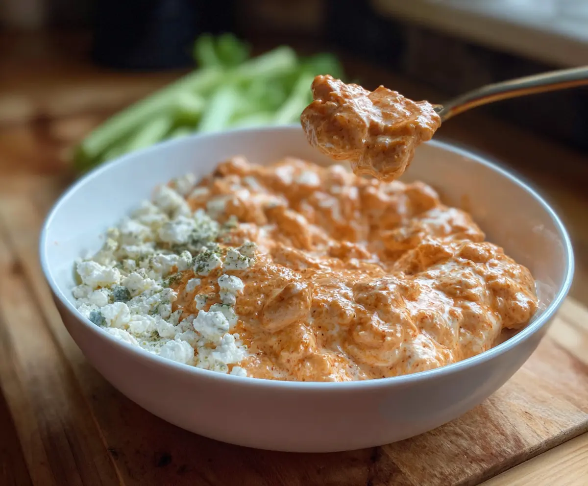 Delicious buffalo chicken cottage cheese dish with spicy flavors and creamy texture.