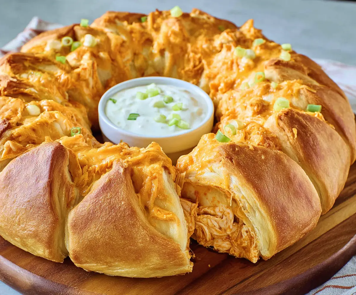 Delicious Buffalo Chicken Crescent Ring on a serving platter, ready to eat.