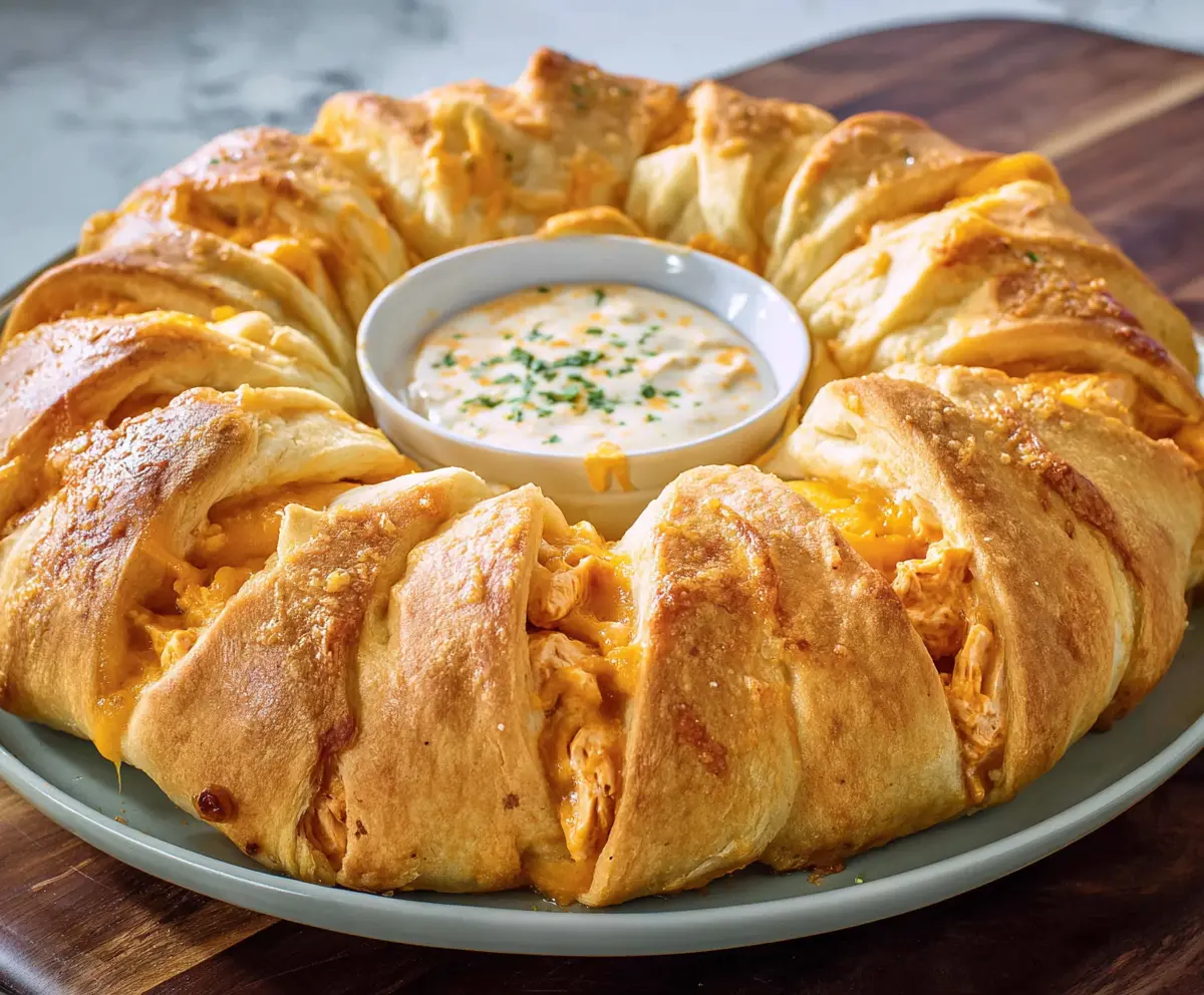Delicious Buffalo Chicken Crescent Roll Ring garnished with fresh herbs on a white plate.