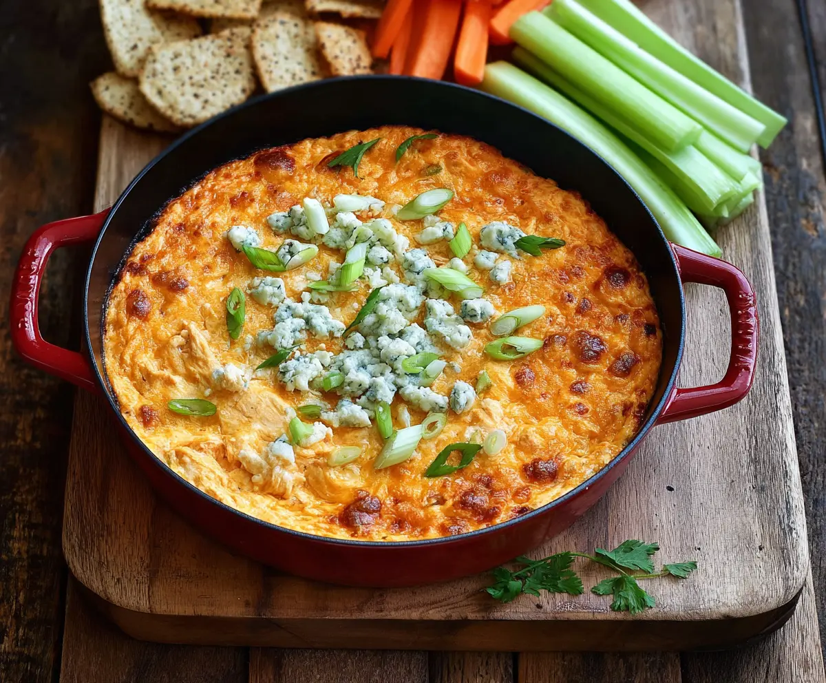 Creamy buffalo chicken dip topped with tangy blue cheese crumbles, perfect for parties and game days.