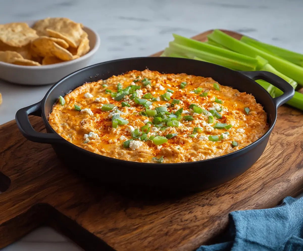 Creamy Buffalo Chicken Dip with shredded chicken, spicy buffalo sauce, and melted cheese served as a delicious party appetizer.