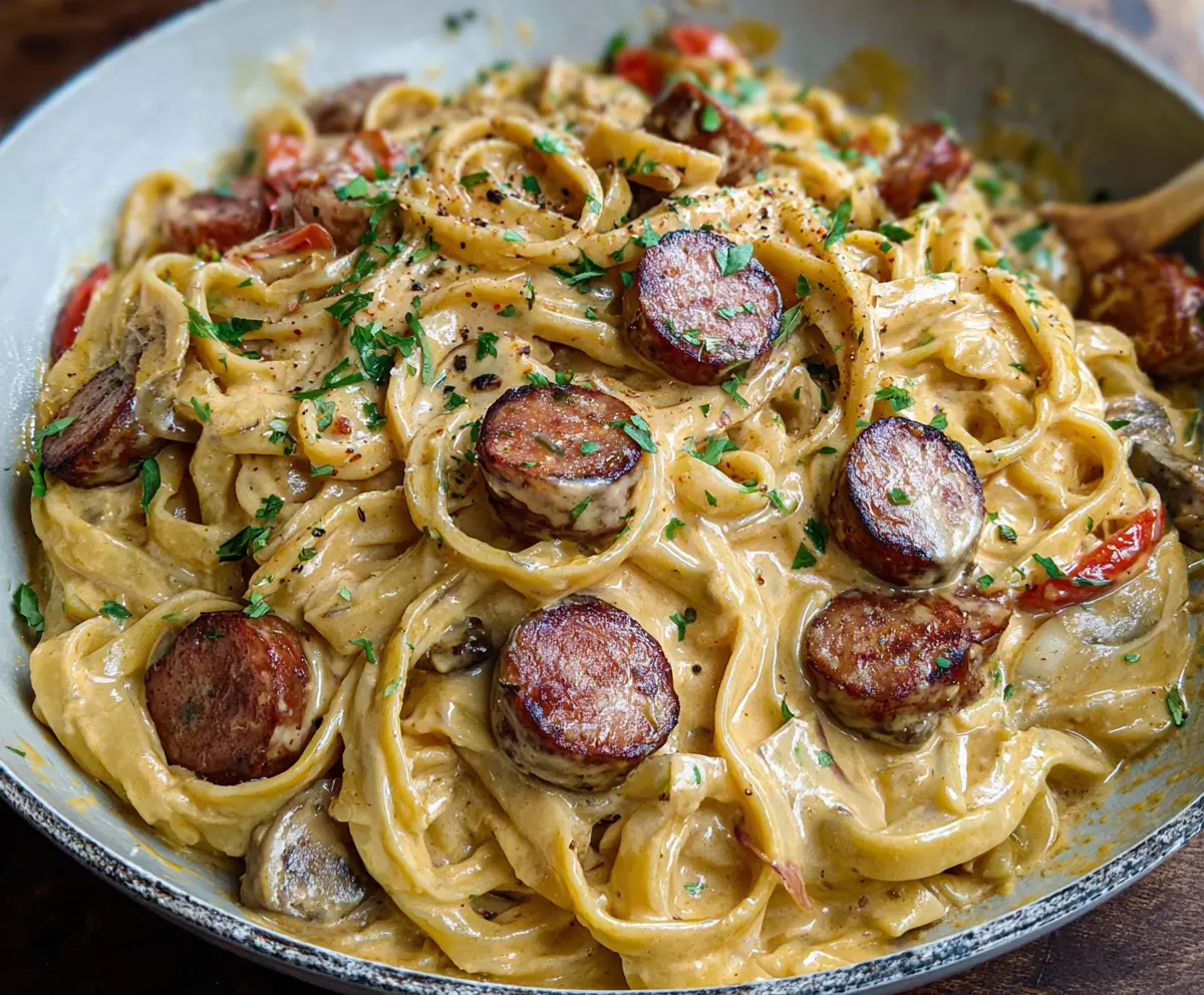 Creamy Cajun Smoked Sausage Alfredo Pasta garnished with fresh herbs