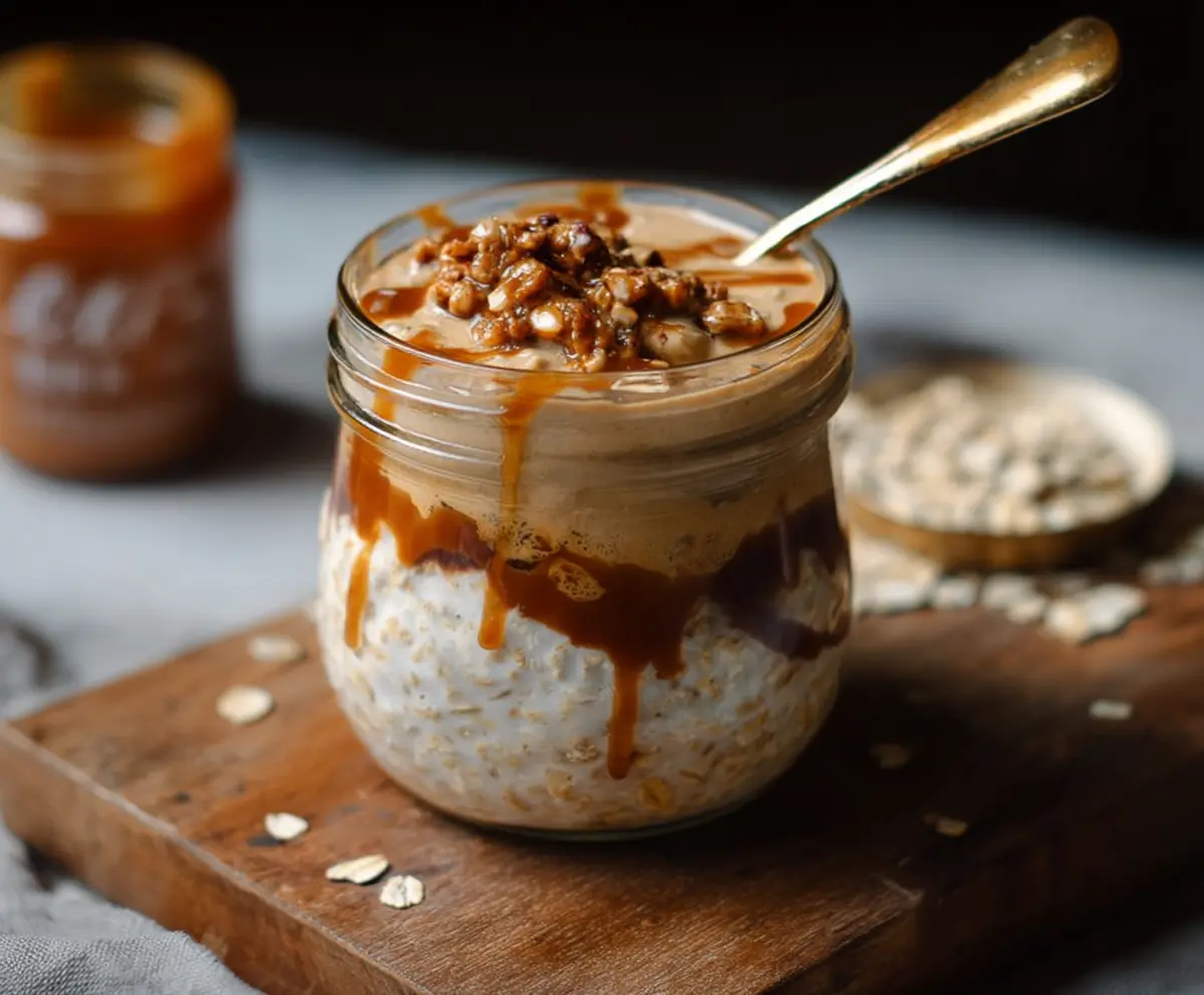 Delicious Caramel Macchiato Overnight Oats topped with caramel drizzle and coffee beans in a glass jar.