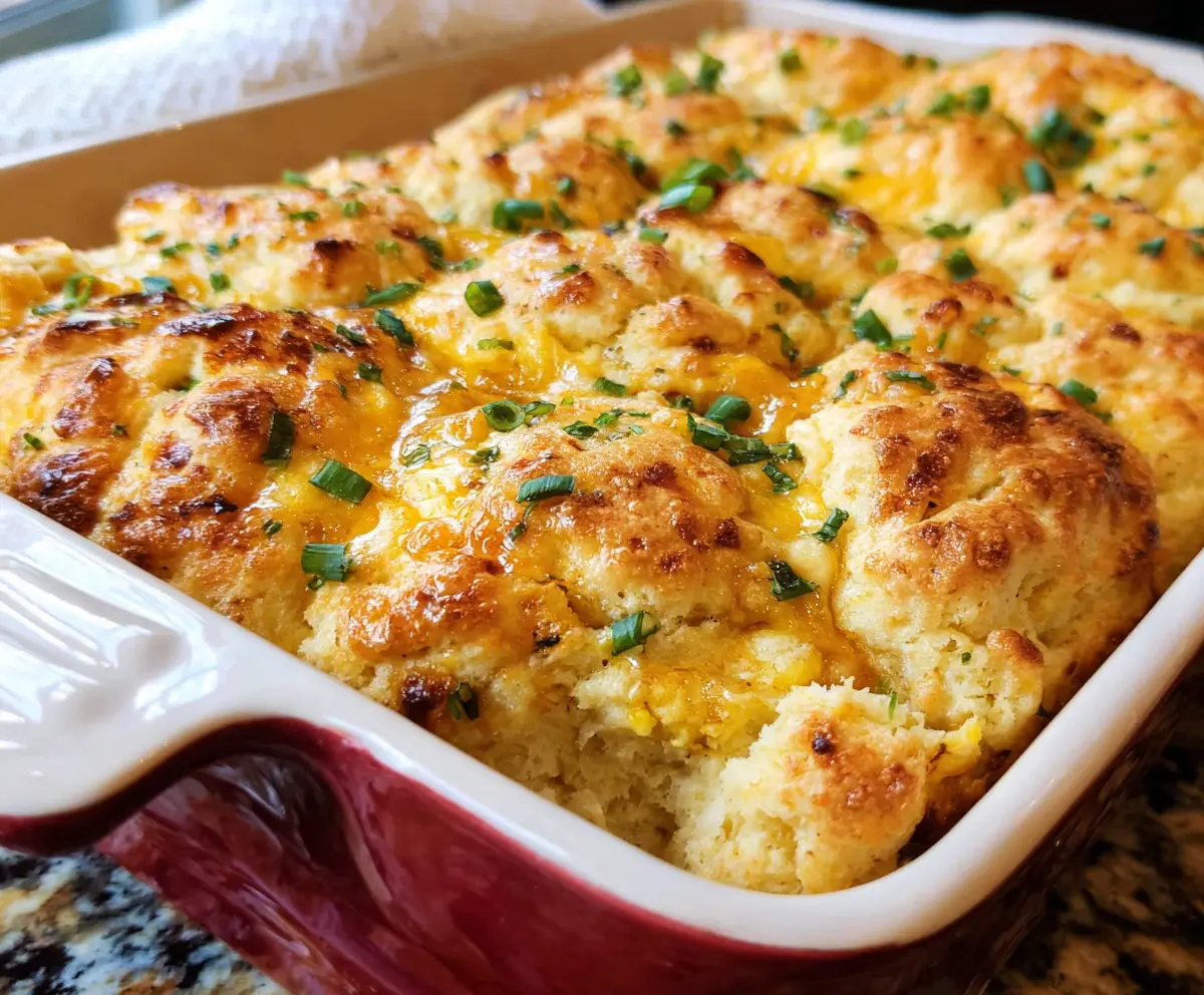 Delicious Cheddar Bay Biscuit and Egg Casserole ready to serve for breakfast or brunch.