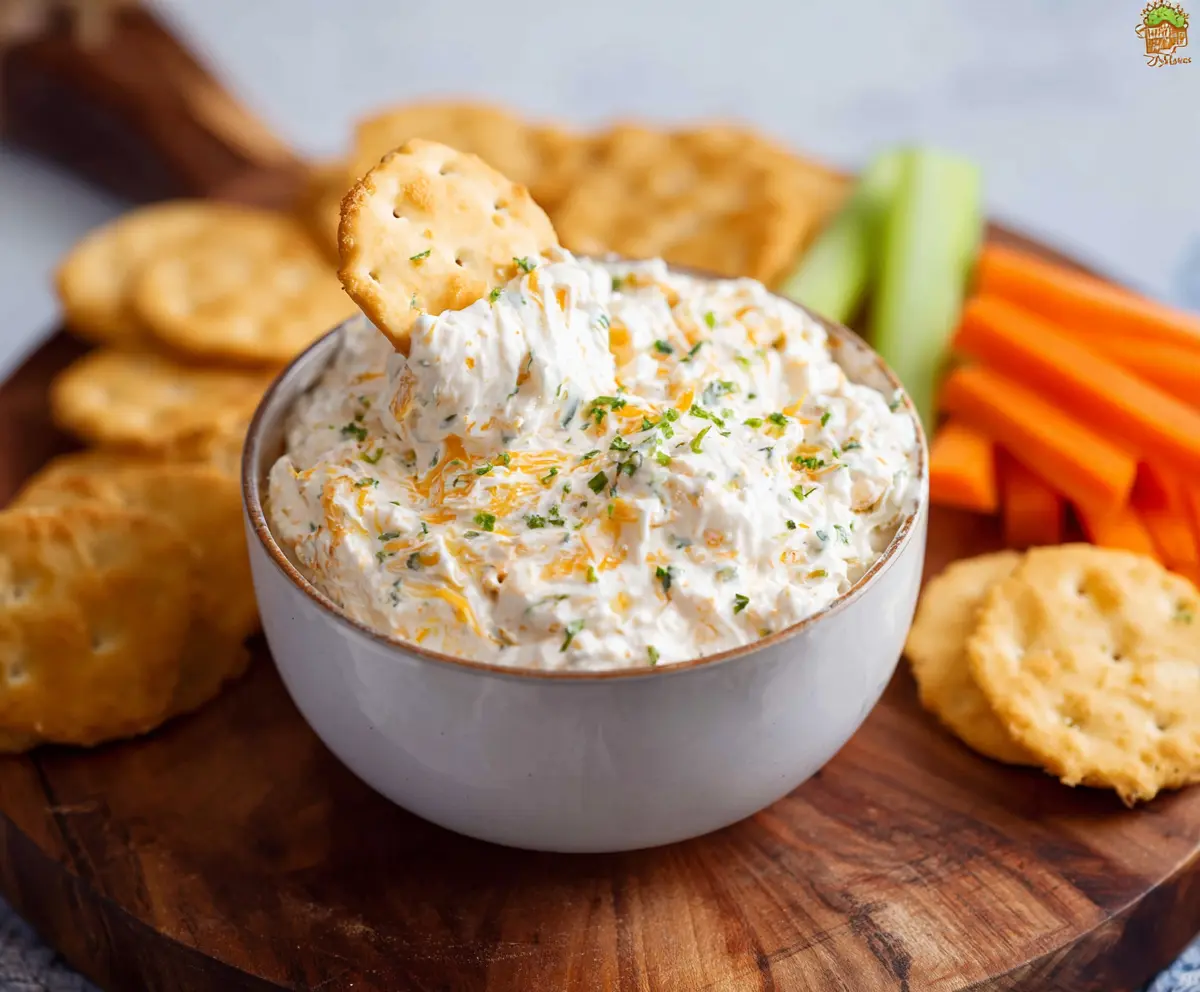 Creamy Cheddar Ranch Dip served with fresh vegetables and chips