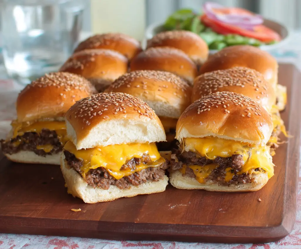 Delicious cheeseburger sliders with melted cheese, pickles, and juicy beef patties on toasted buns.