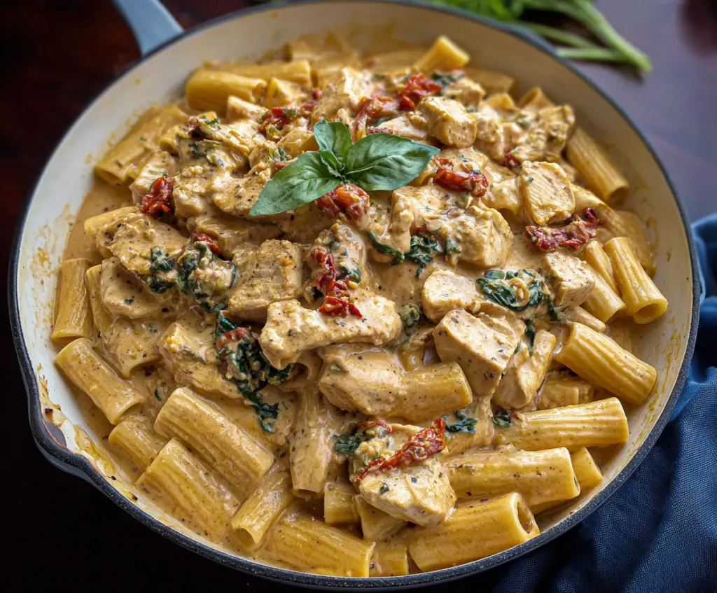 Creamy Tuscan Chicken Pasta with spinach and sun-dried tomatoes on a plate