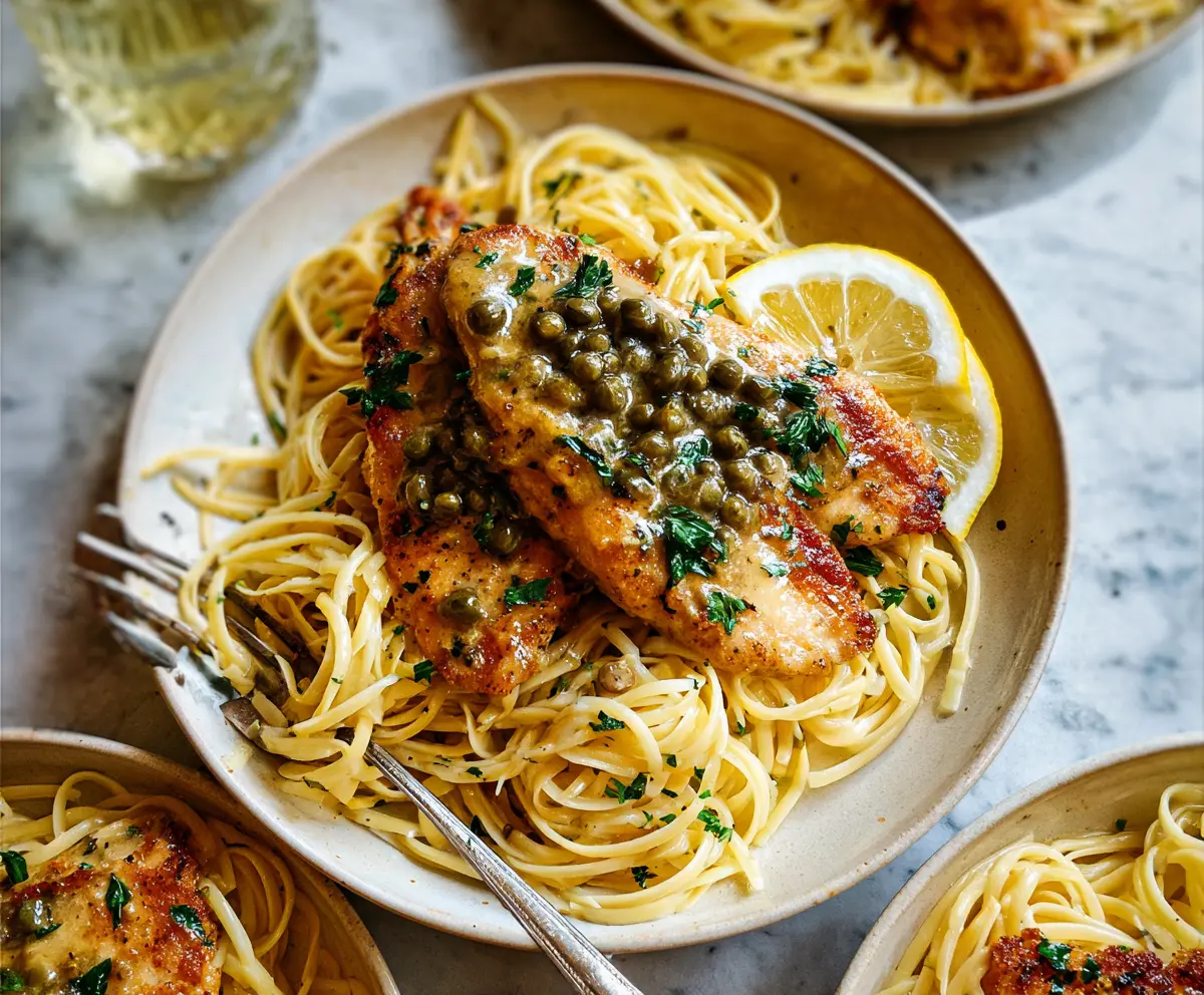Delicious chicken piccata pasta with lemon and capers on a white plate
