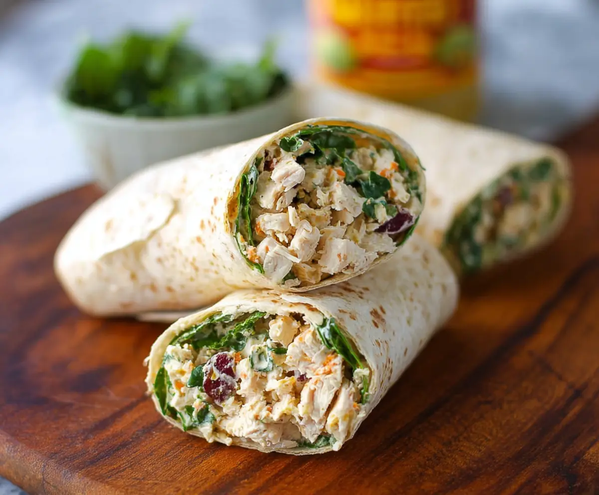 Healthy chicken salad protein wrap with fresh vegetables and whole grain tortilla.
