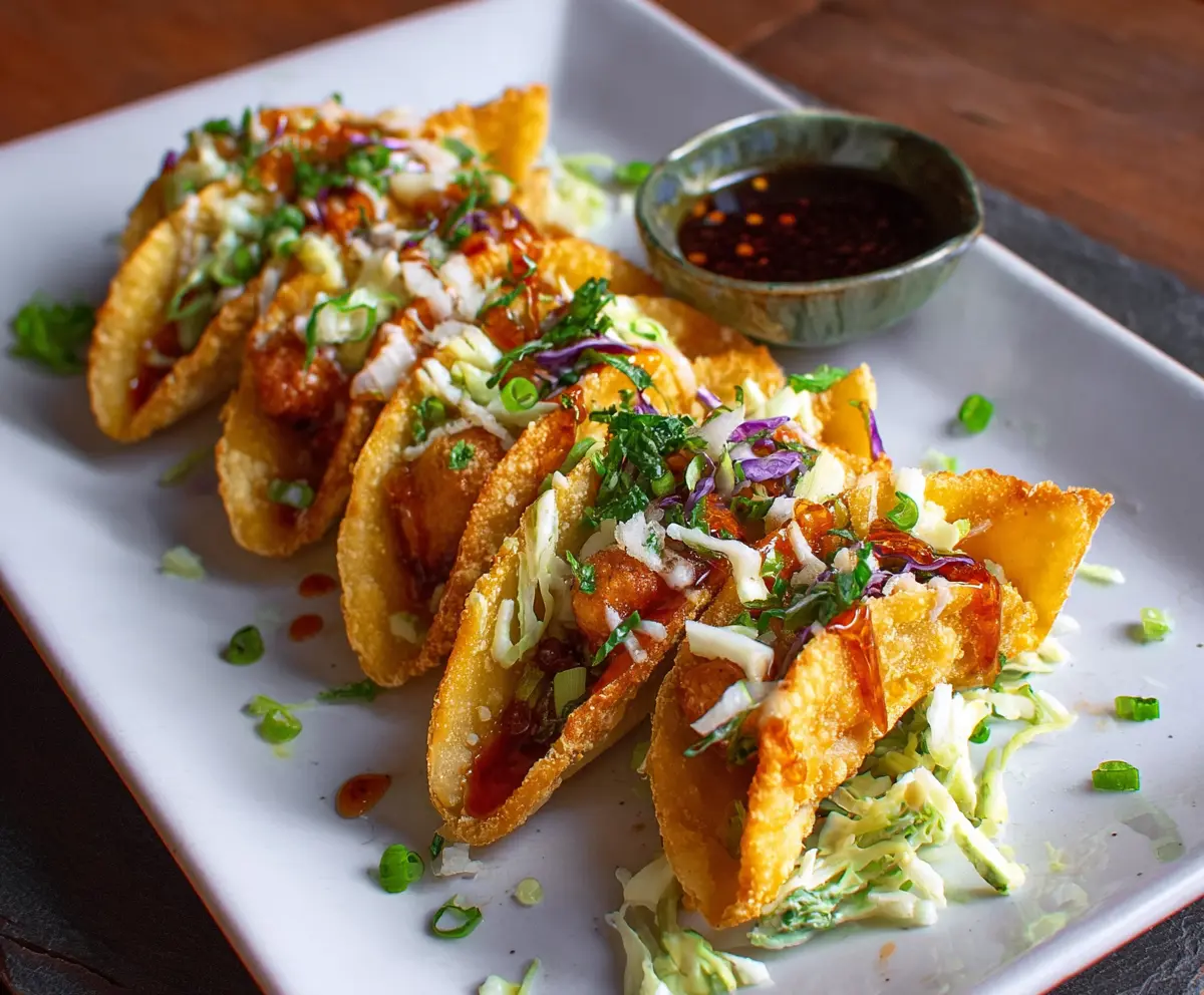 Delicious chicken wonton tacos with fresh vegetables and savory sauces served on a plate.