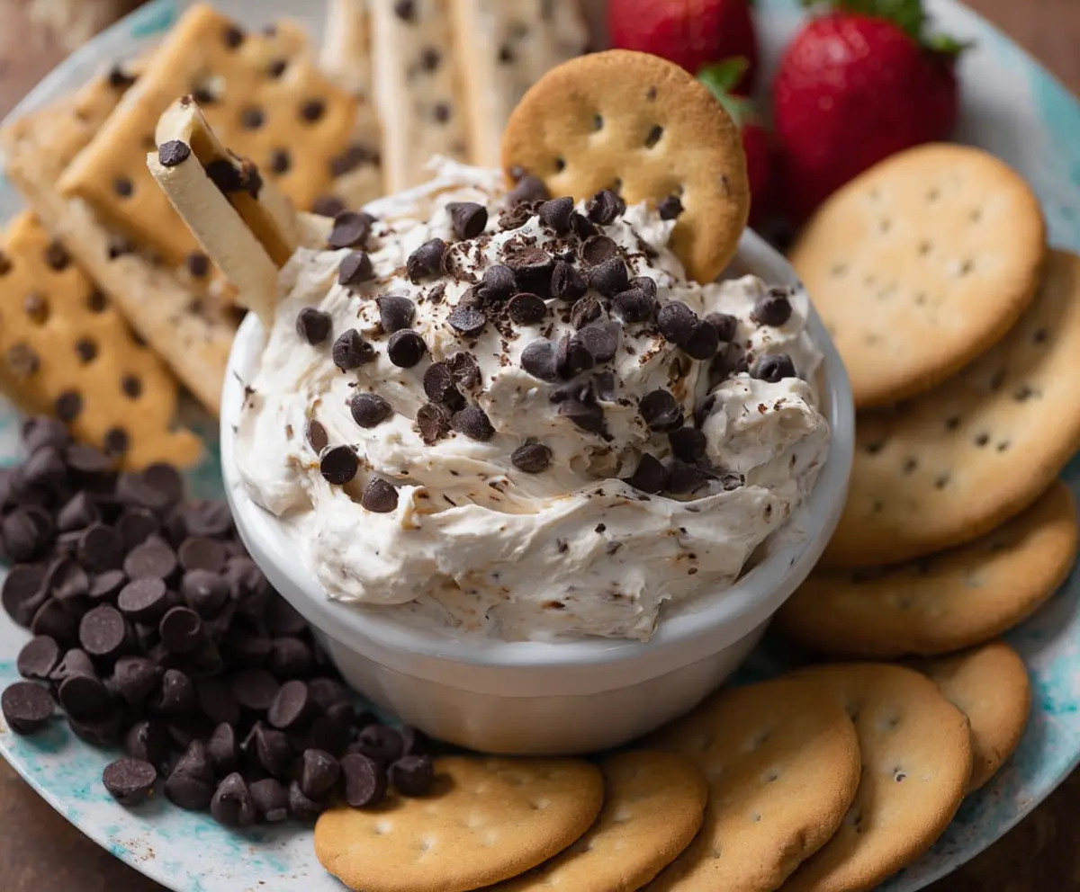 Creamy chocolate chip dessert dip with sweet toppings in a bowl, perfect for parties and snacks