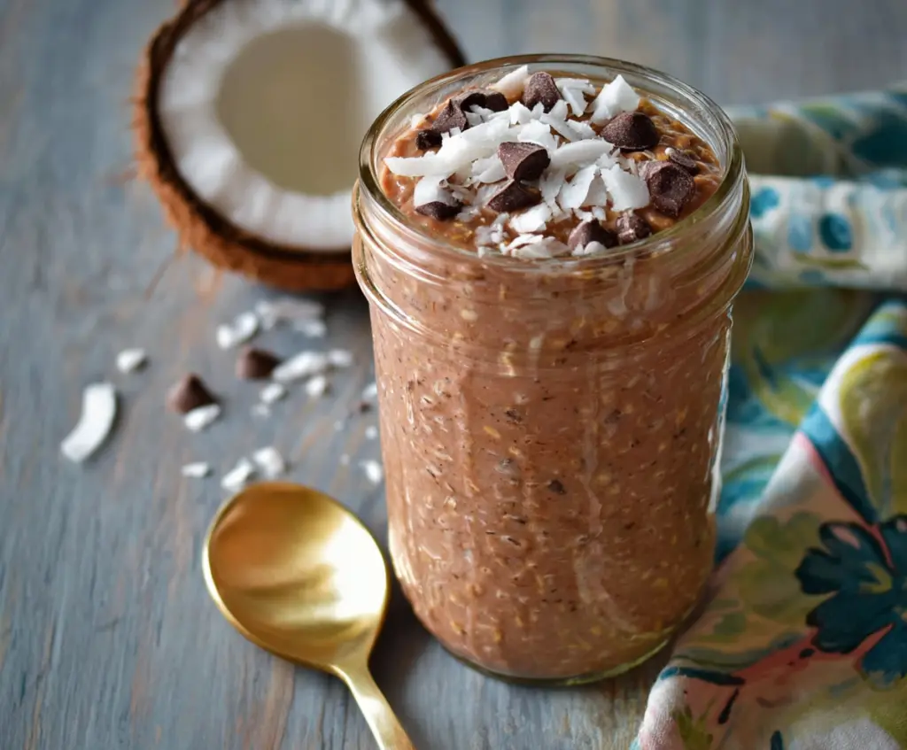 Creamy chocolate and coconut overnight oats in a glass jar topped with shredded coconut and chocolate chips.