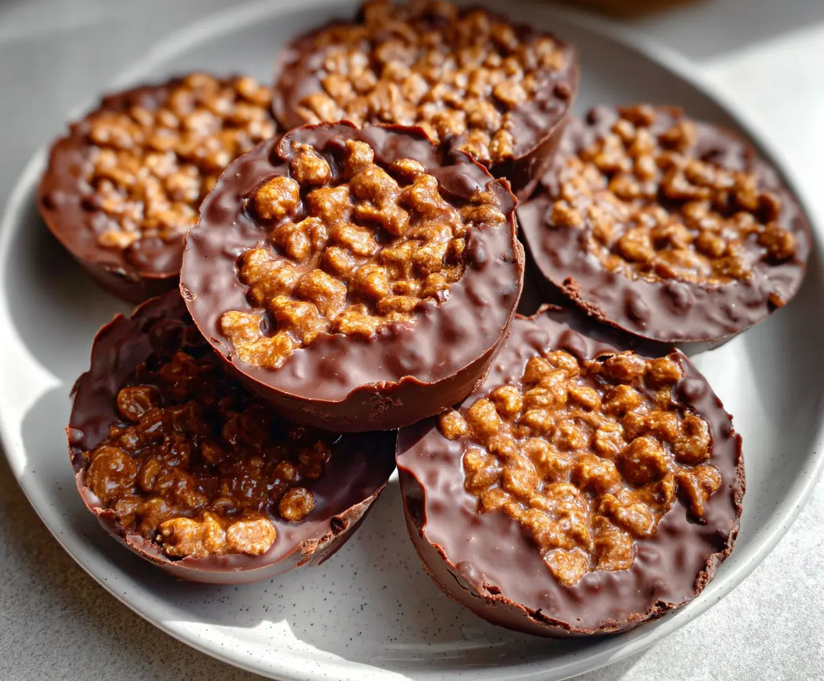 Delicious Chocolate Peanut Butter Crunch Cups with a glossy chocolate coating and crunchy texture.