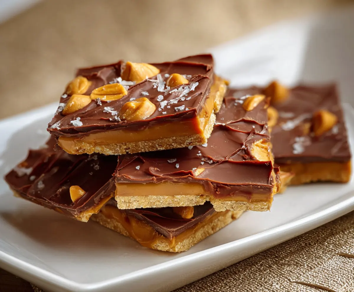 Delicious Chocolate Peanut Butter Cup Cracker Toffee with rich chocolate and creamy peanut butter atop crispy crackers.