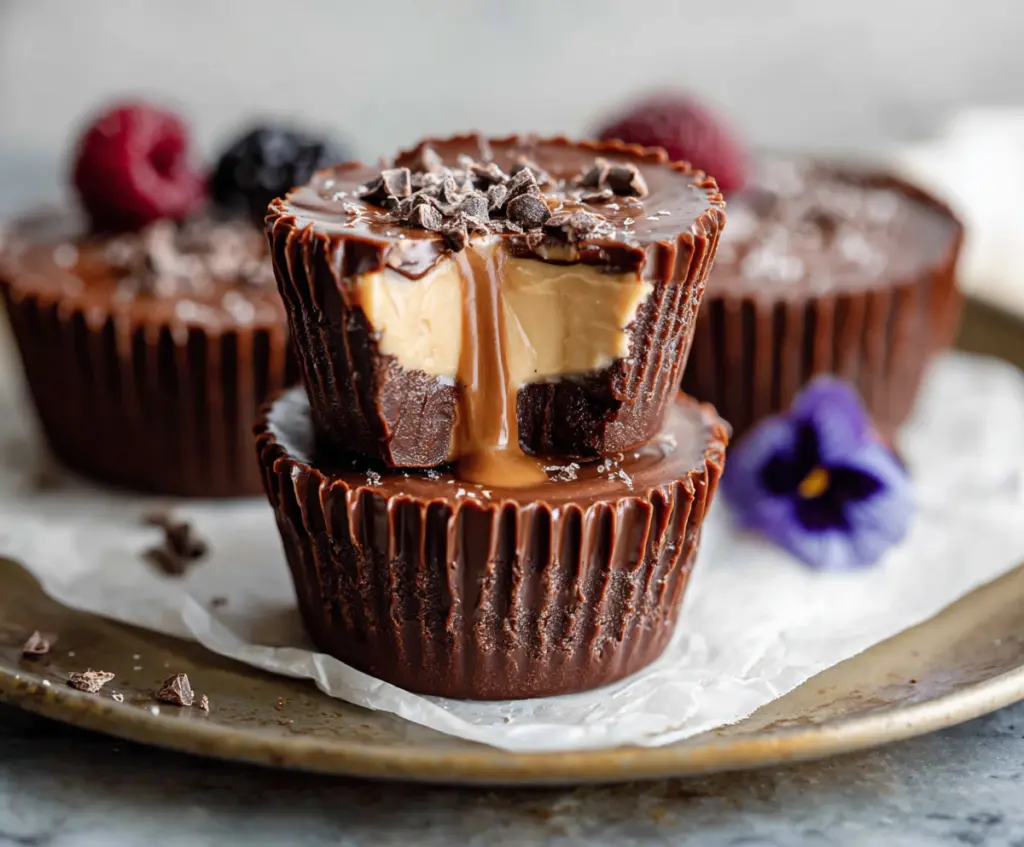 Healthy chocolate protein yogurt cups in a glass bowl for a nutritious snack.