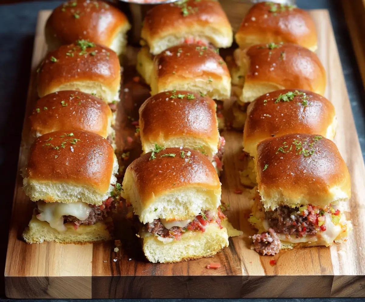 Close-up of chopped Italian sliders with melted cheese and fresh herbs on a wooden platter.