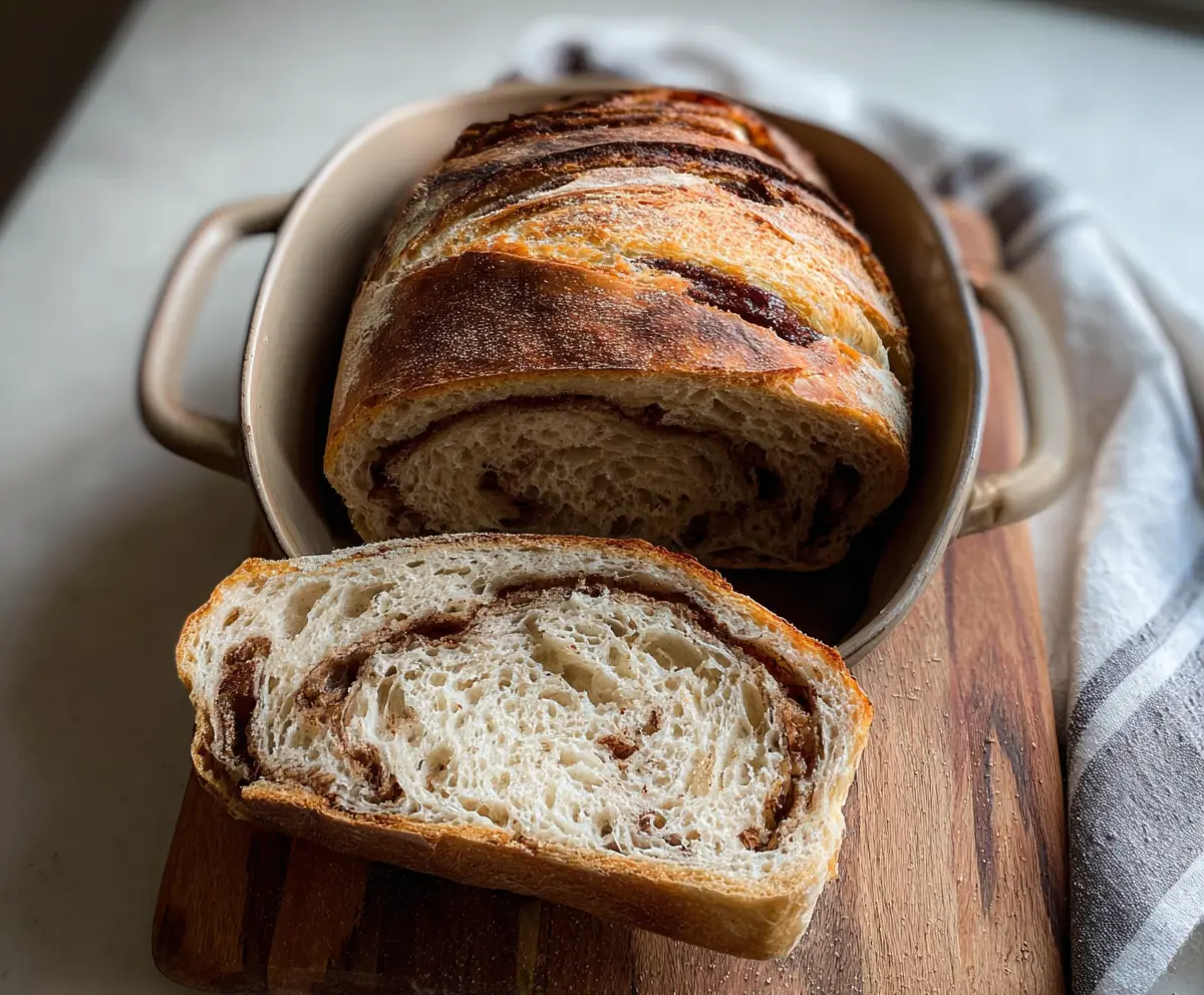 Delicious Cinnamon Swirl Sourdough Discard Bread fresh out of the oven with a golden crust and sweet cinnamon filling.