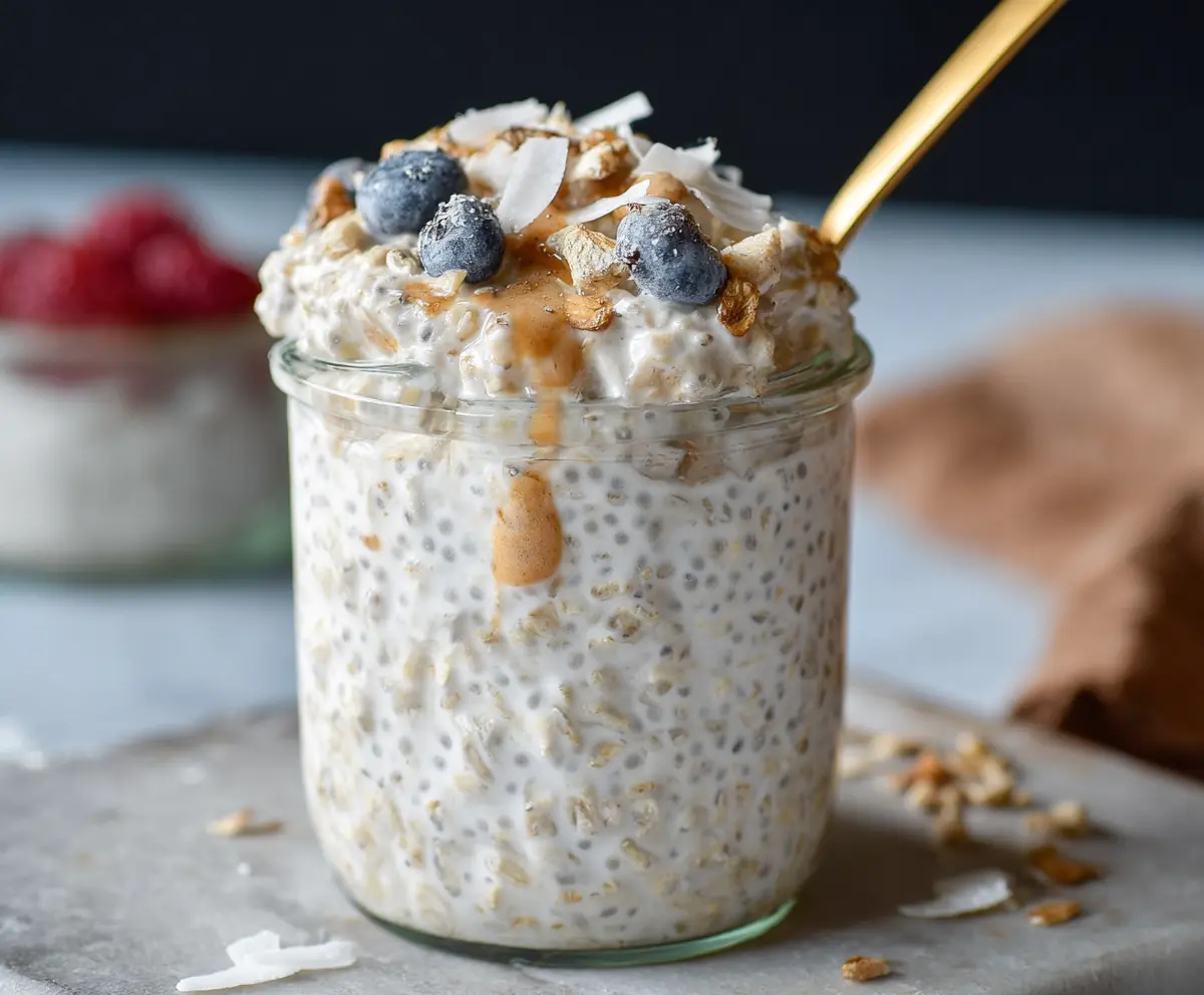 Creamy coconut overnight oats topped with fresh fruit for a healthy breakfast