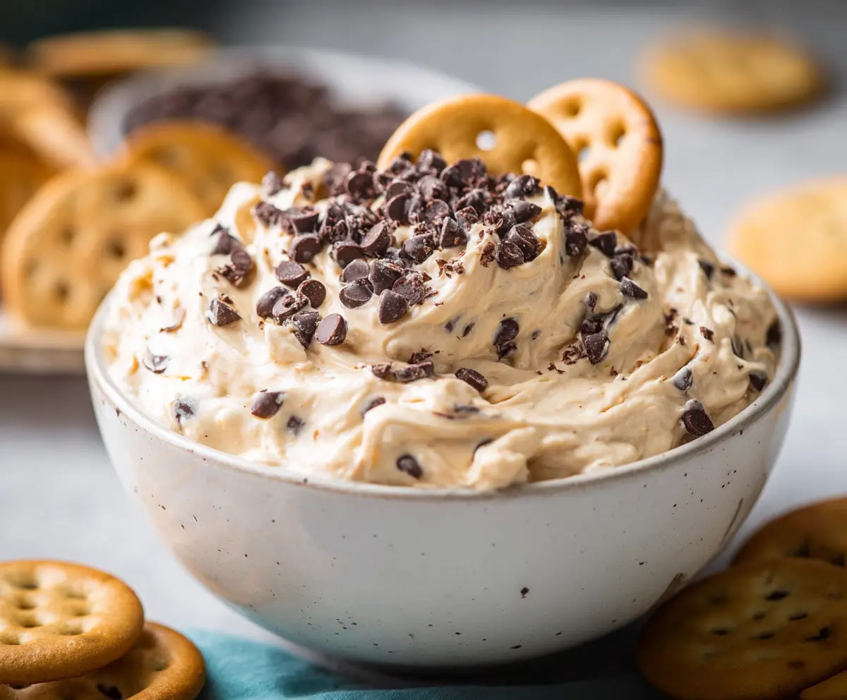 Creamy cookie dough dip served with chocolate chips and colorful sprinkles for a sweet treat.