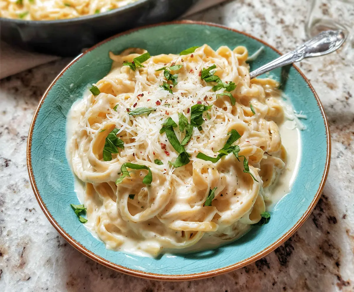 Creamy Cottage Cheese Alfredo Pasta served with fresh herbs and garlic bread.