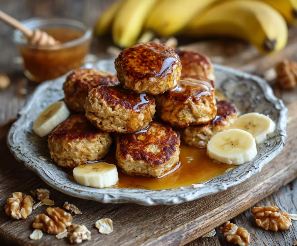 Delicious cottage cheese banana oat pancake bites on a plate, perfect for a healthy breakfast or snack.