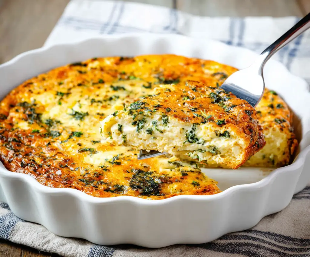Delicious cottage cheese crustless quiche served on a plate with fresh herbs.