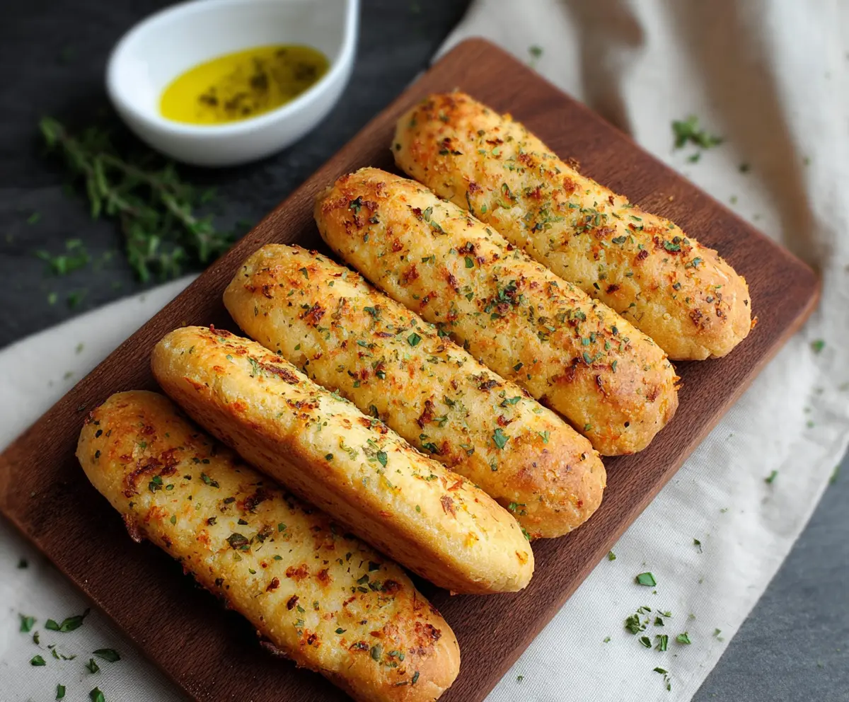 Delicious cottage cheese garlic breadsticks served fresh and golden-brown.
