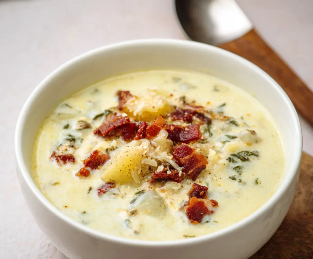 Creamy cottage cheese potato soup served in a bowl with herbs on top