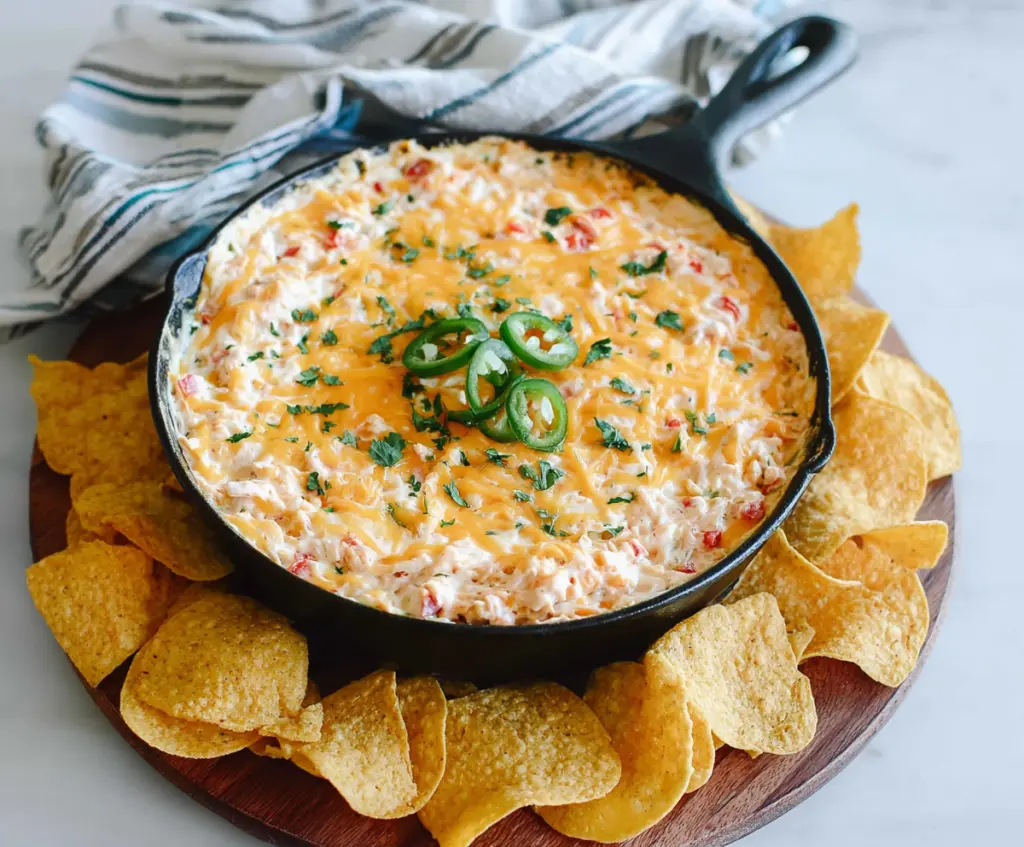 Cream Cheese Rotel Dip with melted cheese, tomatoes, and spices served as a flavorful appetizer.
