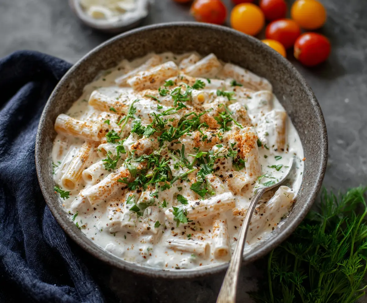 Creamy cottage cheese Alfredo sauce served over pasta, highlighting a rich and healthy vegetarian meal.