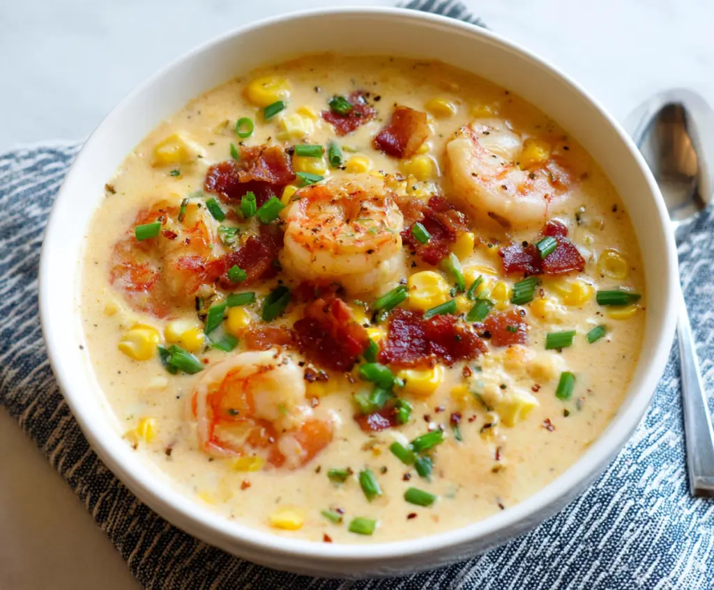 Creamy shrimp and corn chowder served in a bowl with fresh herbs on top.