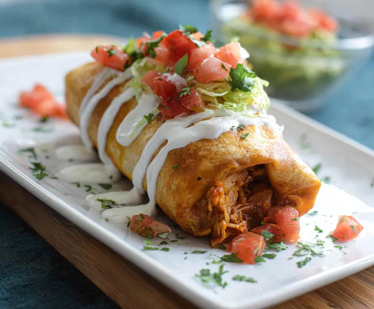 Delicious crispy chicken chimichanga served with garnish on a plate.