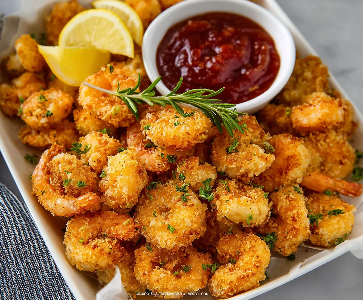 Golden crispy popcorn shrimp served with dipping sauce on a white plate.