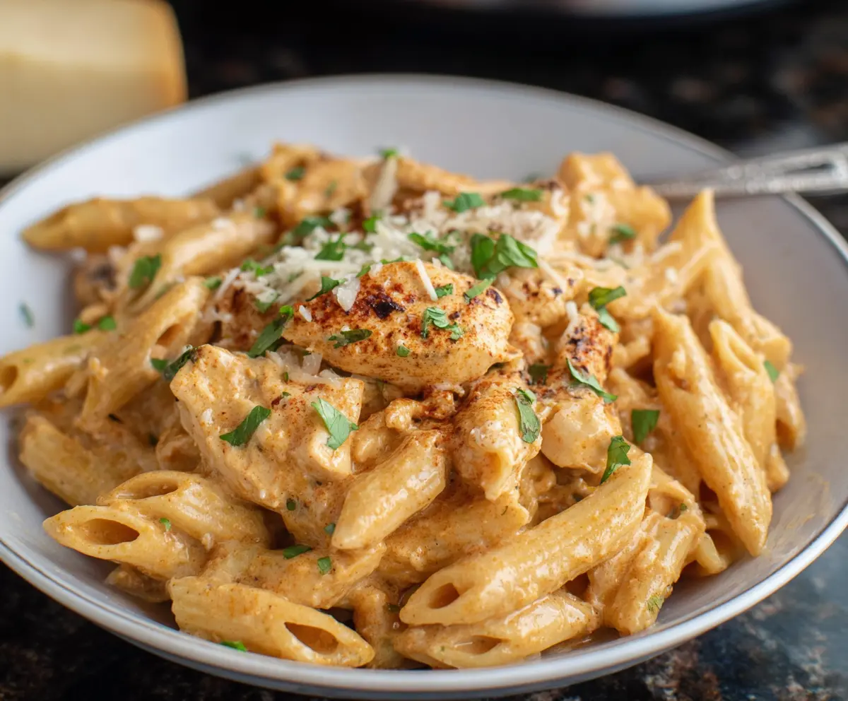 Creamy crockpot chicken pasta served in a bowl with herbs and cheese.