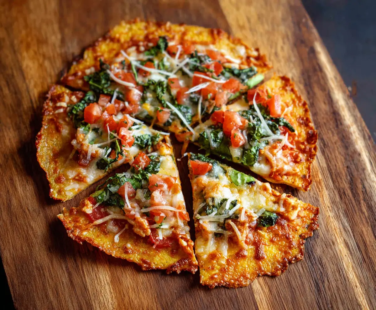 Baked crunchy tortilla pizza topped with melted cheese and fresh vegetables.