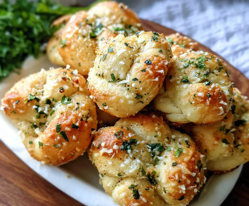 Golden baked garlic Parmesan knots topped with fresh herbs on a rustic serving platter.