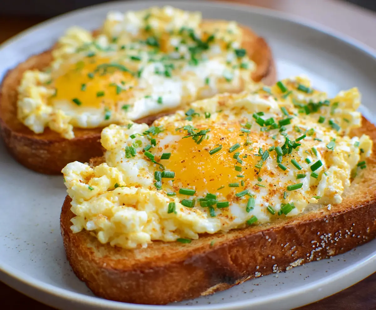Delicious egg toast topped with melted cheese and chopped herbs, served on a rustic wooden plate.