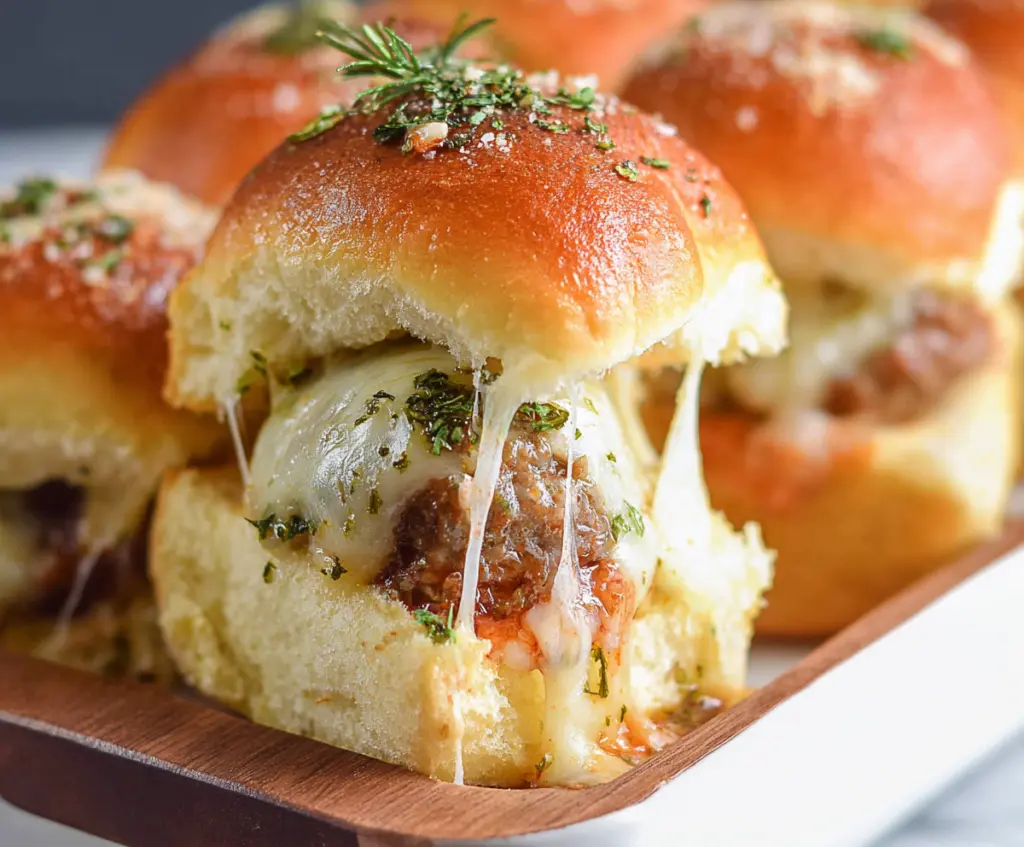 Delicious garlic Parmesan meatball sliders topped with melted cheese on a bun.