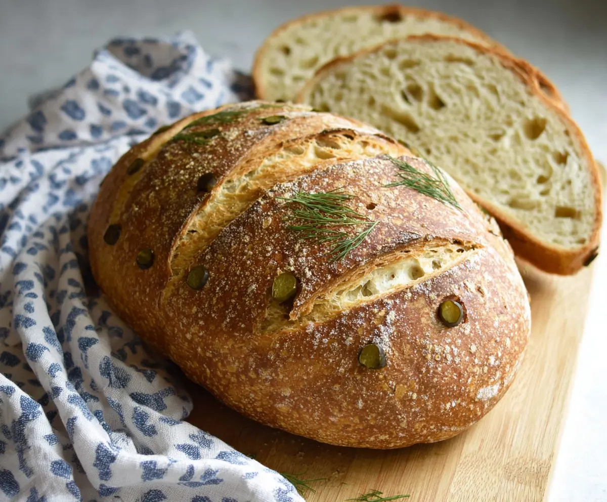 Freshly baked sourdough bread with dill pickles and herbs, perfect for sandwiches and snacks.