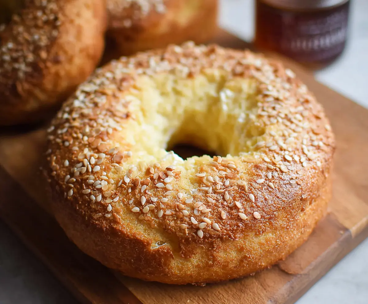 Delicious fluffy cottage cheese almond flour bagel on a plate, perfect for healthy breakfast or snack.