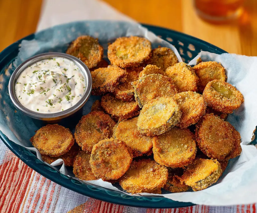 Crispy fried pickles served with dipping sauce on a plate, perfect for a snack or appetizer.
