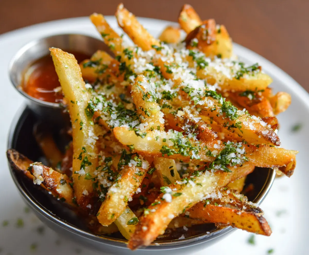 Crispy garlic and Parmesan fries served with a sprinkle of fresh herbs on a white plate.