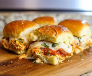 Savory Garlic Chicken Parmesan Sliders topped with melted cheese and fresh herbs